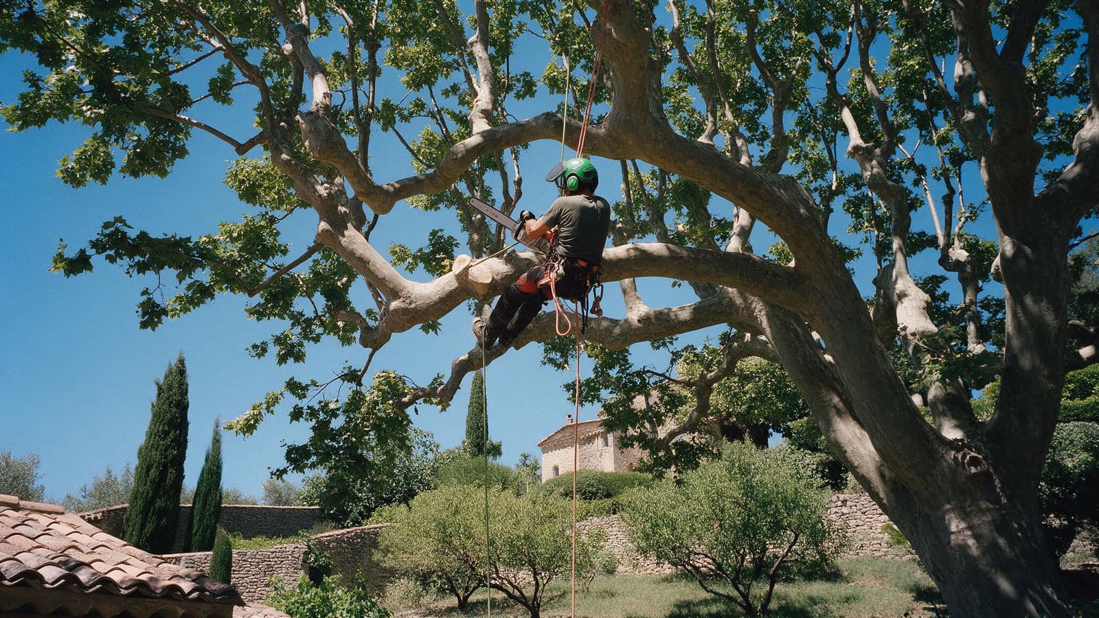 Élagueur encordé dans un grand platane au-dessus d’un jardin provençal